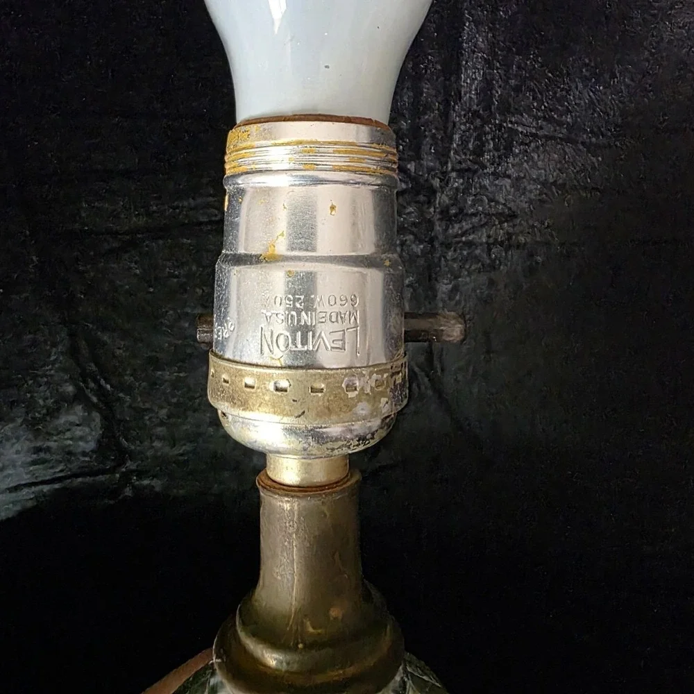 VTG Swirl Glass Table Budoir Lamp With Brass Accent & Beaded Ivory Shade - Small